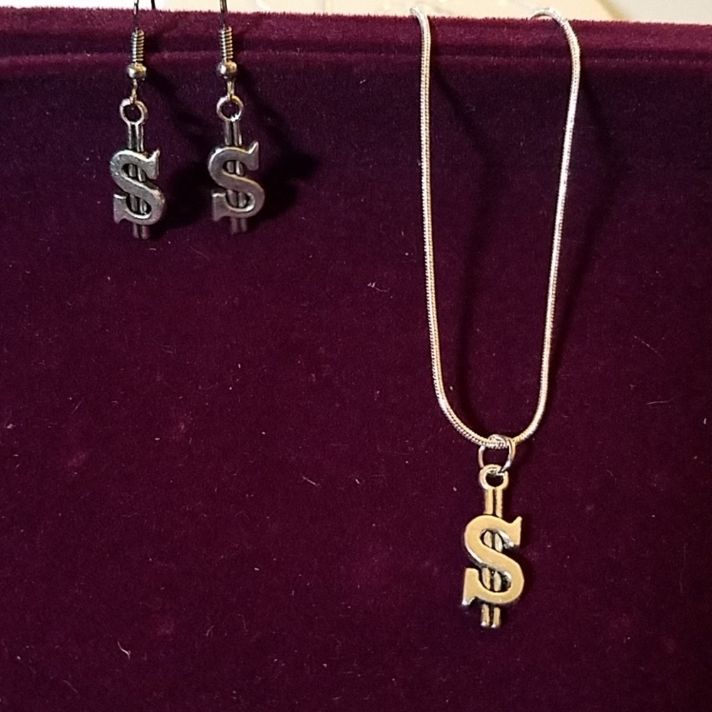 Silver Tone Necklace & Earring Set 24" - Dollar Sign $$